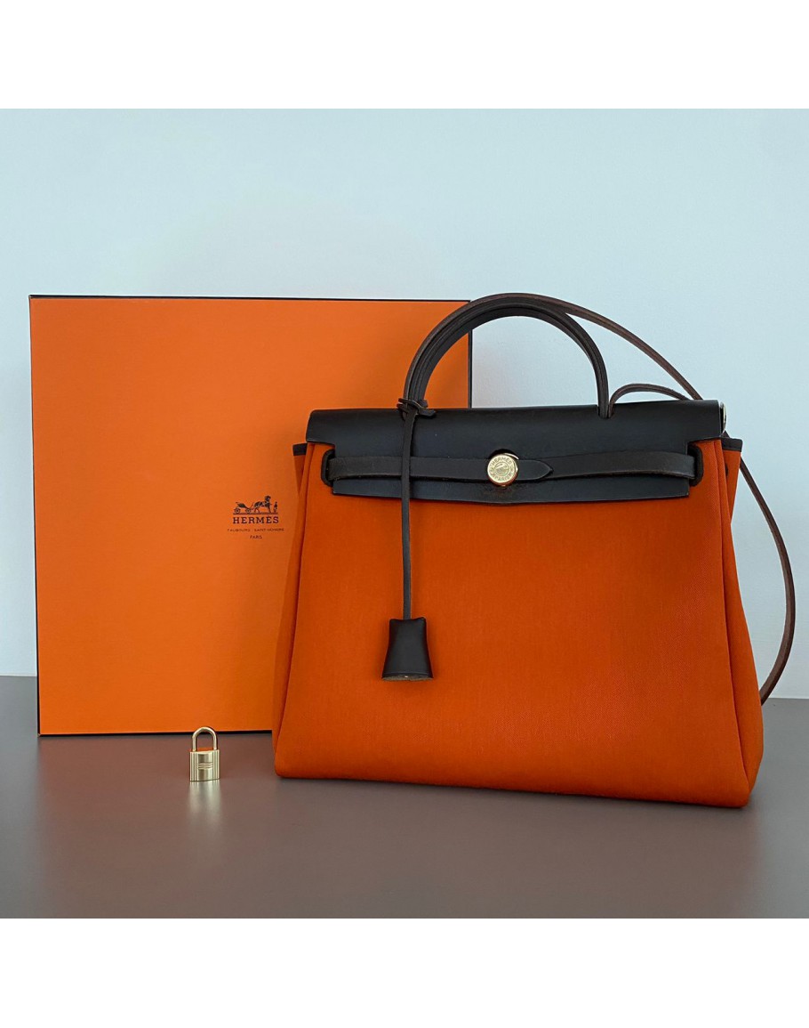 HERMES Herbag PM 31 2 in 1 Orange Canvas with Dark Brown Calfskin Leather GHW